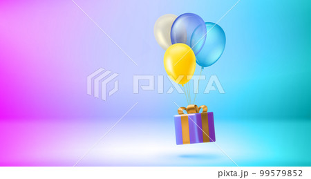 Gift box with yellow and blue air ballons. 3d vector banner with holographic background and copy space Gift box with yellow and blue air ballons. 3d vector banner with holographic background and copy space 99579852