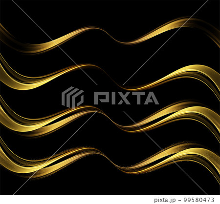 Abstract Gold Light Waves. Shiny golden moving lines design element with glitter effect on dark background 99580473