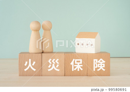 火災保険と書かれたブロックと人形と家 99580691