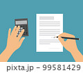 Hands with a pencil or pen, fills the tax return form, vector on a green background 99581429