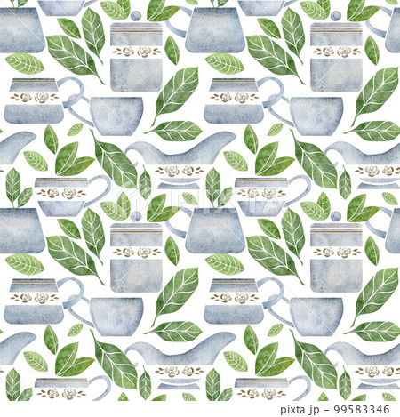 Watercolor hand drawn seamless pattern with porcelain and gold coffee cups, leaves, creamer, jar, daisy. Isolated on white background. Invitations, cafe, restaurant food menu, print, website, cards Watercolor hand drawn seamless pattern with porcelain and gold coffee cups, leaves, creamer, jar, daisy. Isolated on white background. Invitations, cafe, restaurant food menu, print, website, cards 99583346