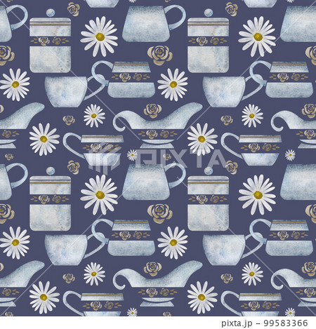 Watercolor hand drawn seamless pattern with porcelain and gold coffee cups, leaves, creamer, jar, daisy. Isolated on dark background. Invitations, cafe, restaurant food menu, print, website, cards 99583366