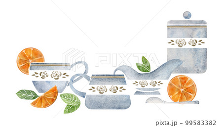 Watercolor hand drawn composition with capuccino porcelain and gold coffee cups, cinnamon, orange. Isolated on white background. For invitations, cafe, restaurant food menu, print, website, cards 99583382