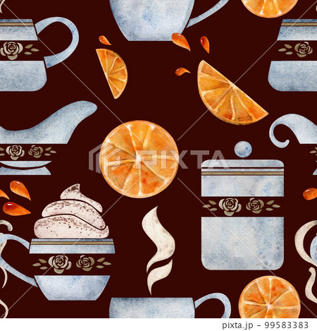 Watercolor hand drawn seamless pattern with coffee cups, beans, leaves, orange, jars and creamers. Isolated on dark background. For invitations, cafe, restaurant food menu, print, website, cards Watercolor hand drawn seamless pattern with coffee cups, beans, leaves, orange, jars and creamers. Isolated on dark background. For invitations, cafe, restaurant food menu, print, website, cards 99583383