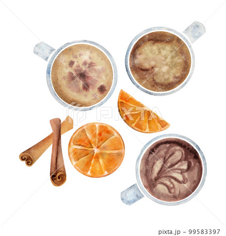 Watercolor hand drawn composition with capuccino porcelain and gold coffee cups, cinnamon, orange. Isolated on white background. For invitations, cafe, restaurant food menu, print, website, cards 99583397