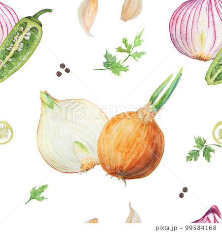 Watercolor pattern with onion, pepper, garlic and parsley on white background 99584168