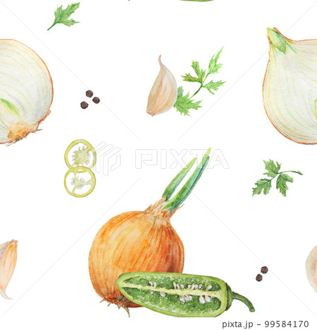 Watercolor pattern with onion, pepper, garlic and parsley on white background 99584170