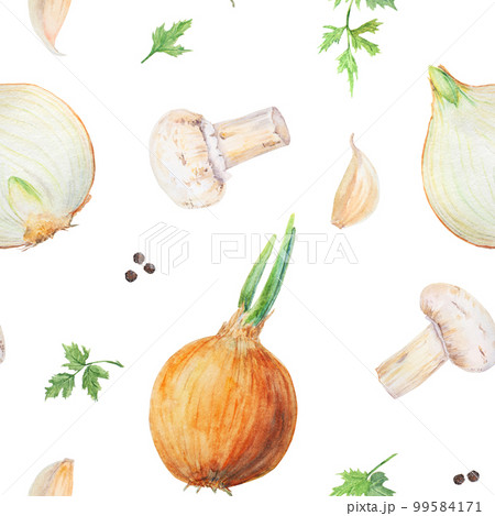 Watercolor pattern with onion, champignon, pepper, garlic and parsley on white background Watercolor pattern with onion, champignon, pepper, garlic and parsley on white background 99584171