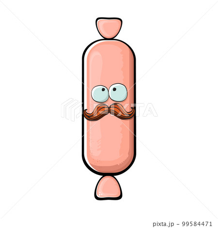 Cartoon sausage characters isolated on white background. Funky meat sausage character with eyes and mouth. Sausage for hot dog 99584471