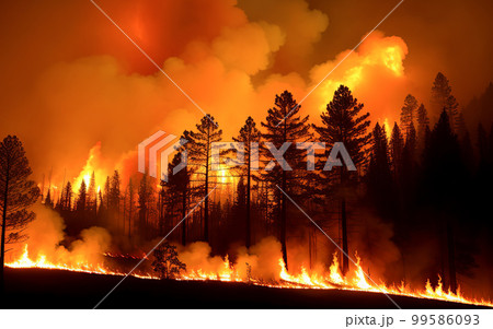 Forest fire. Heatwave causes forest burning rapidly and destroyed, silhouette, natural calamity. Forest fire, bushfire with flames and smoke clouds. generative ai Forest fire. Heatwave causes forest burning rapidly and destroyed, silhouette, natural calamity. Forest fire, bushfire with flames and smoke clouds. generative ai 99586093
