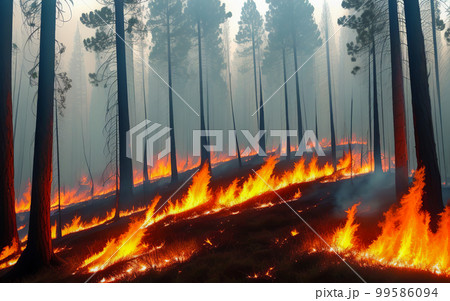 Forest fire. Heatwave causes forest burning rapidly and destroyed, silhouette, natural calamity. Forest fire, bushfire with flames and smoke clouds. generative ai 99586094