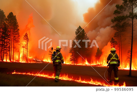 Firefighters helped battle wildfire. Forest fire. Heatwave causes forest burning rapidly and destroyed, silhouette, natural calamity. Forest fire, bushfire with flames and smoke clouds. generative ai 99586095