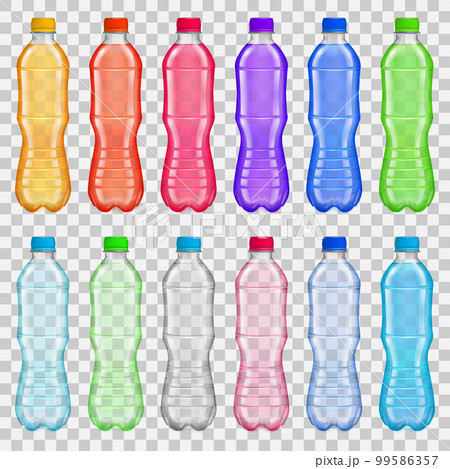 Set of transparent plastic bottles with multicolored juices and water 99586357