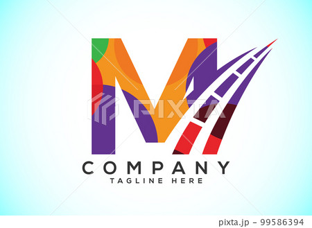 Letter M with road logo sign. Polygonal style logo for highway maintenance and construction. Letter M with road logo sign. Polygonal style logo for highway maintenance and construction. 99586394