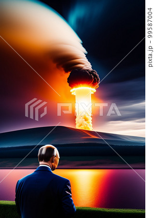 Nuclear war concept. Explosion of nuclear bomb. Creative artwork decoration in dark. Silhouette of soldier standing against giant mushroom cloud of atomic explosion. Nuclear war concept. Explosion of nuclear bomb. Creative artwork decoration in dark. Silhouette of soldier standing against giant mushroom cloud of atomic explosion. 99587004