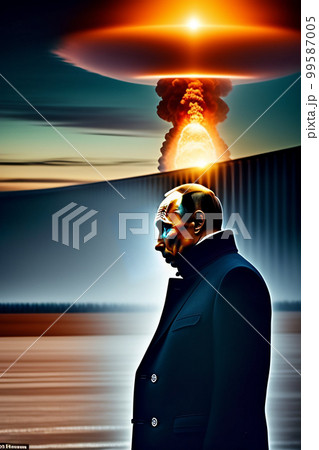 Nuclear war concept. Explosion of nuclear bomb. Creative artwork decoration in dark. Silhouette of soldier standing against giant mushroom cloud of atomic explosion. Nuclear war concept. Explosion of nuclear bomb. Creative artwork decoration in dark. Silhouette of soldier standing against giant mushroom cloud of atomic explosion. 99587005
