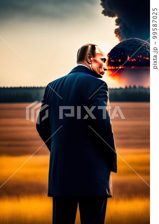 Nuclear war concept. Explosion of nuclear bomb. Creative artwork decoration in dark. Silhouette of soldier standing against giant mushroom cloud of atomic explosion. Nuclear war concept. Explosion of nuclear bomb. Creative artwork decoration in dark. Silhouette of soldier standing against giant mushroom cloud of atomic explosion. 99587025