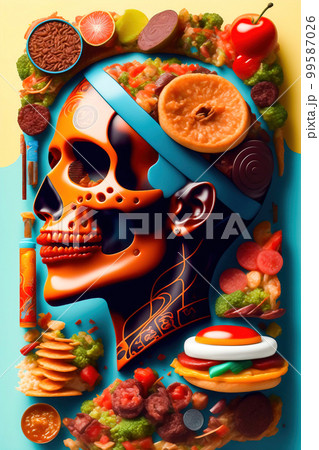 The human skull is overlaid with different prepared food. Healthy and unhealthy food. Human nutrition choice concept. Render from 3d model to 2d jpg The human skull is overlaid with different prepared food. Healthy and unhealthy food. Human nutrition choice concept. Render from 3d model to 2d jpg 99587026