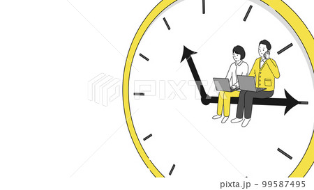 時計の針に座り仕事するビジネスマンのイラスト、左側にコピースペース、ベクター 99587495