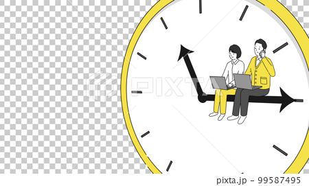 時計の針に座り仕事するビジネスマンのイラスト、左側にコピースペース、ベクター 99587495