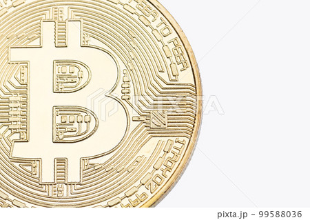 Golden bitcoin cruptocurrency close up, white background. Golden bitcoin cruptocurrency close up, white background. 99588036