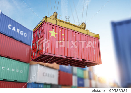 Cargo shipping container with China flag in a port harbor. Production, delivery, shipping and freight transportation of chinese products concept. 99588381