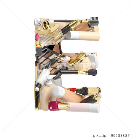 Letter E Alphabet from cosmetics, make up and beauty products isolated on white. Letter E Alphabet from cosmetics, make up and beauty products isolated on white. 99588387