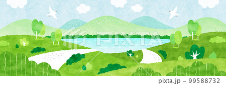 海の見える山道の風景 自然あふれる夏の水彩イラスト 99588732