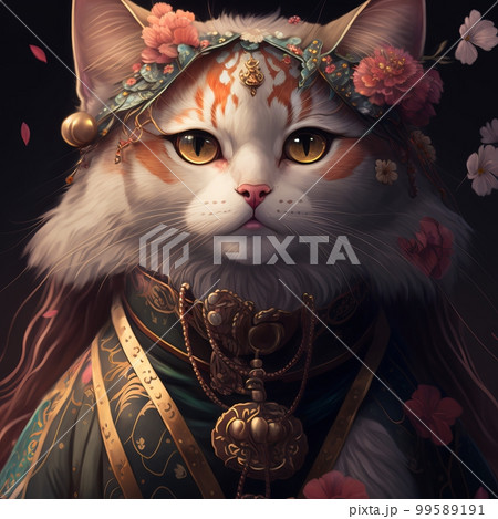 Portrait of a beautiful white and red cat in an oriental kimono on a dark background 99589191
