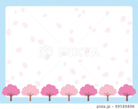 バックに花びらが舞う桜並木と斜めストライプ模様背景のイラスト（水色） 99589896