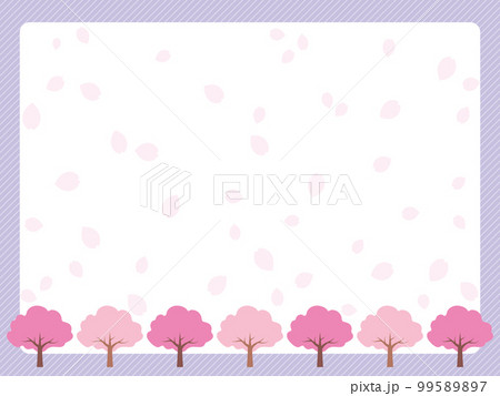 バックに花びらが舞う桜並木と斜めストライプ模様背景のイラスト（紫） 99589897
