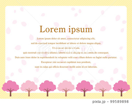 バックに花びらが舞う桜並木と斜めストライプ模様背景のイラスト（黄色） 99589898