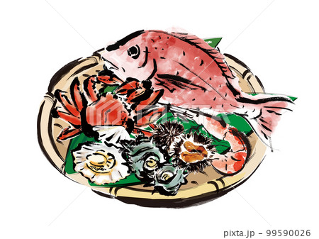 海鮮集合籠盛り手描き和風イラスト 海鮮集合籠盛り手描き和風イラスト 99590026