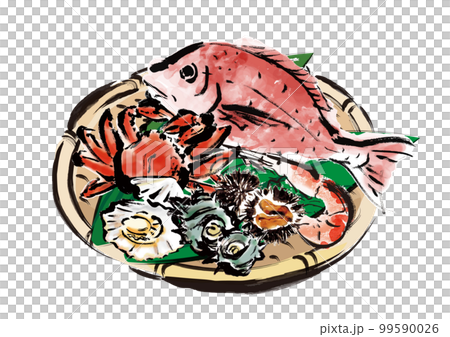 Seafood gathering basket serving hand drawn Japanese style illustration 99590026