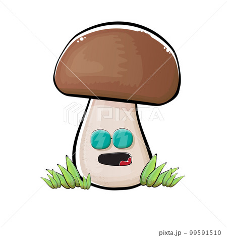 Cartoon mushroom characters isolated on white background. Funky boletus character with eyes and mouth. Vector white mushroom with brown cap clip art, emoji, label and sticker Cartoon mushroom characters isolated on white background. Funky boletus character with eyes and mouth. Vector white mushroom with brown cap clip art, emoji, label and sticker 99591510
