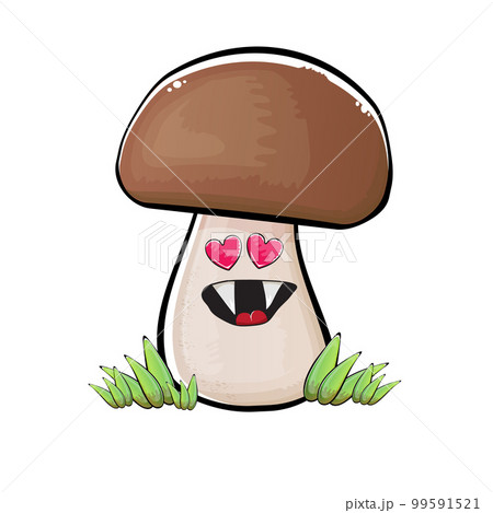 Cartoon mushroom characters isolated on white background. Funky boletus character with eyes and mouth. Vector white mushroom with brown cap clip art, emoji, label and sticker Cartoon mushroom characters isolated on white background. Funky boletus character with eyes and mouth. Vector white mushroom with brown cap clip art, emoji, label and sticker 99591521