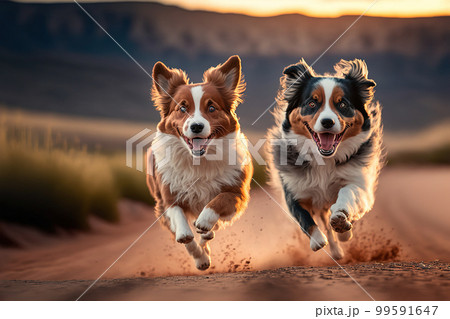Happy dogs are running towards camera in outdoor activity 99591647