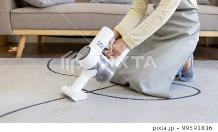 Beautiful woman vacuuming the floor and carpet in her living room, Big cleaning in the house, Removes germs, Housewife cleaning, Keeping her home clean, Domestic hygiene. Beautiful woman vacuuming the floor and carpet in her living room, Big cleaning in the house, Removes germs, Housewife cleaning, Keeping her home clean, Domestic hygiene. 99591836