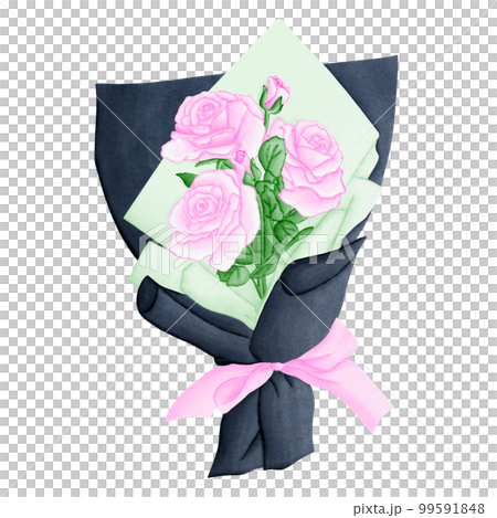 Love Roses Flowers Bouquet Romantic Watercolor Clipart. Paris In Love collection with pink roses flowers wrapped in green pastel and black paper as flower bouquet for romantic design element, love Love Roses Flowers Bouquet Romantic Watercolor Clipart. Paris In Love collection with pink roses flowers wrapped in green pastel and black paper as flower bouquet for romantic design element, love 99591848
