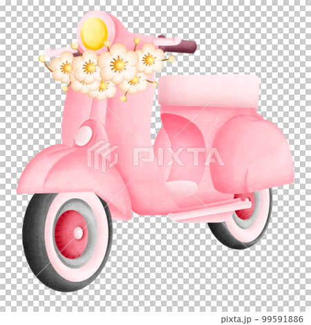 Pink Pastel Vintage Love Bike Cute Romantic Watercolor Clipart. Paris In Love collection with lovely retro pink motorcycle for romantic design element, love art, wedding watercolor illustration. 99591886