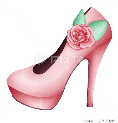 Pink high heel for lovely lady Watercolor Clipart . Paris In Love collection with lovely romantic girl high heel with rose flower for romantic design element, love art, wedding watercolor 99591897