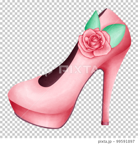 Pink high heel for lovely lady Watercolor Clipart . Paris In Love collection with lovely romantic girl high heel with rose flower for romantic design element, love art, wedding watercolor 99591897