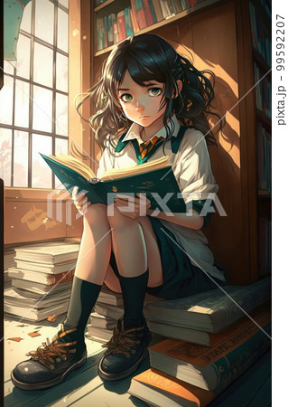 Lexica - An anime girl sits at a desk, surrounded by books and notes. She  has long, black hair and wears a black and white dress. She is calm,  collec...