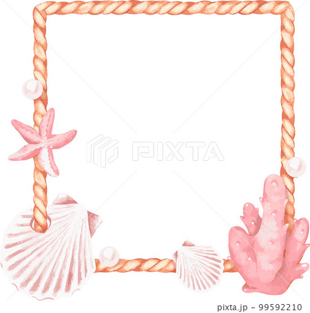 Watercolor vector illustration. Square rope frame with seashells, corals and pearls. place for text. Isolated on a white background. For the design social network posts, stickers on a marine theme 99592210