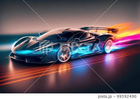 Speeding fast sports car drives on highway road with motion blur effects Speeding fast sports car drives on highway road with motion blur effects 99592490