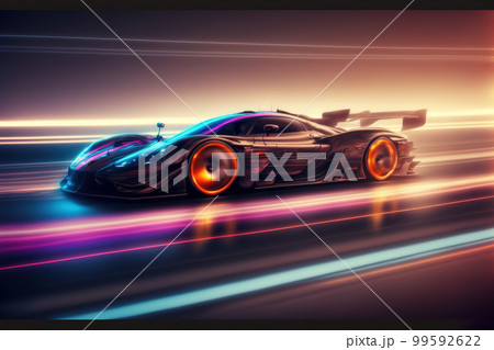 Speeding fast sports car drives on highway road with motion blur effects 99592622