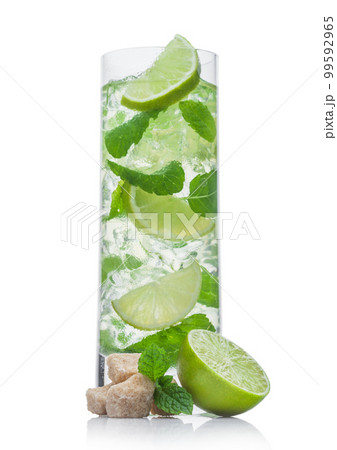 Highball glass of Mojito summer alcoholic cocktail with ice cubes mint and lime on white background 99592965