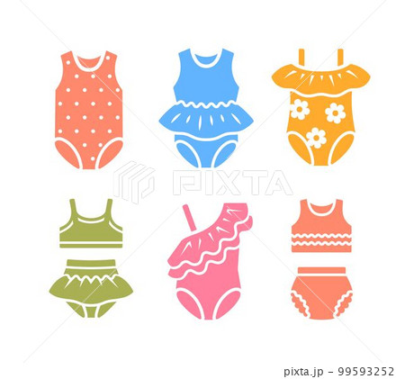 Baby girl swimsuits color silhouette icons. Different swimsuits for swimming in the pool and at the beach. Simple solid pictograms of children clothes. Little girl wardrobe 99593252