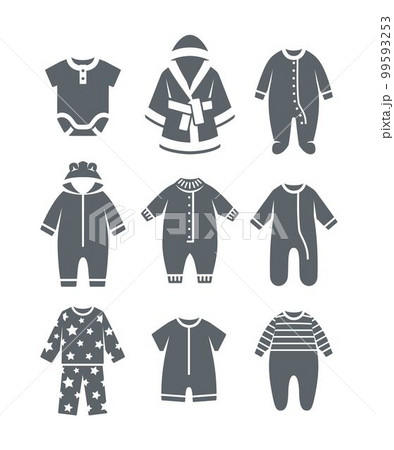Baby sleepwear clothes silhouette icons. Pajamas, rompers, bodysuits and bathrobe. Simple solid pictograms of children clothing. Kids wardrobe. Outfit for newborn child, toddler, little boy or girl Baby sleepwear clothes silhouette icons. Pajamas, rompers, bodysuits and bathrobe. Simple solid pictograms of children clothing. Kids wardrobe. Outfit for newborn child, toddler, little boy or girl 99593253