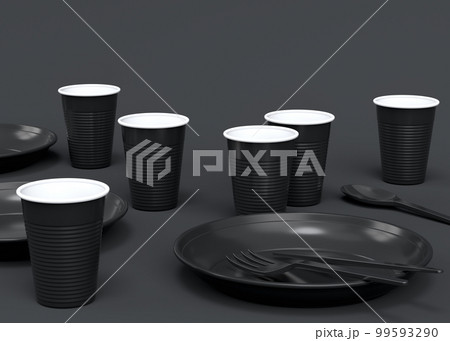 Set of disposable utensils like plate, folk, spoon and cup on monochrome black Set of disposable utensils like plate, folk, spoon and cup on monochrome black 99593290
